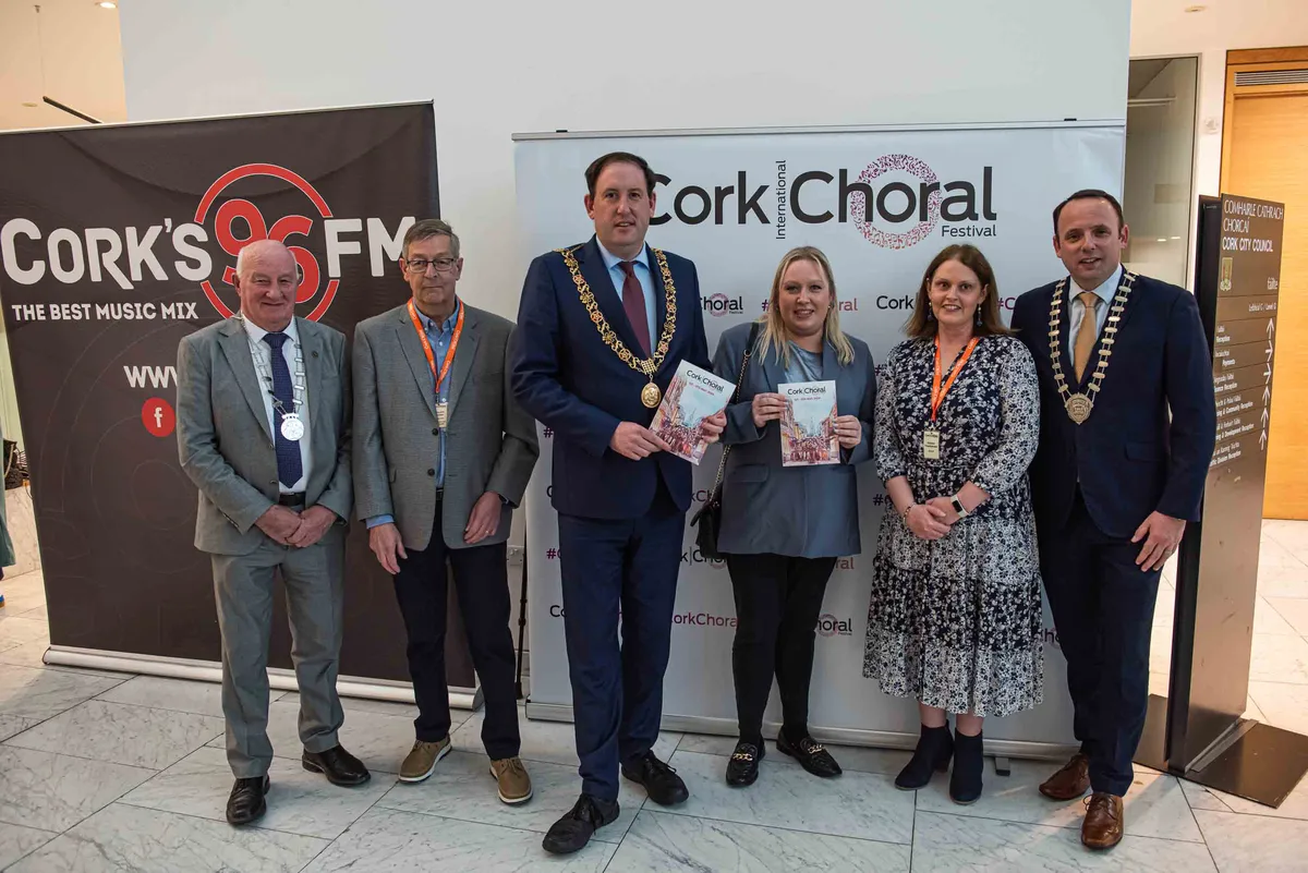 From left to right: John Healy, Ger Breen, Lord Major of Cork Cllr. Kieran McCarty, Sharon Corcoran, Elaine Fitzgerald, Aron Mansworth pictured at the launch of the Cork Internation Choral Festival at Cork City Hall
